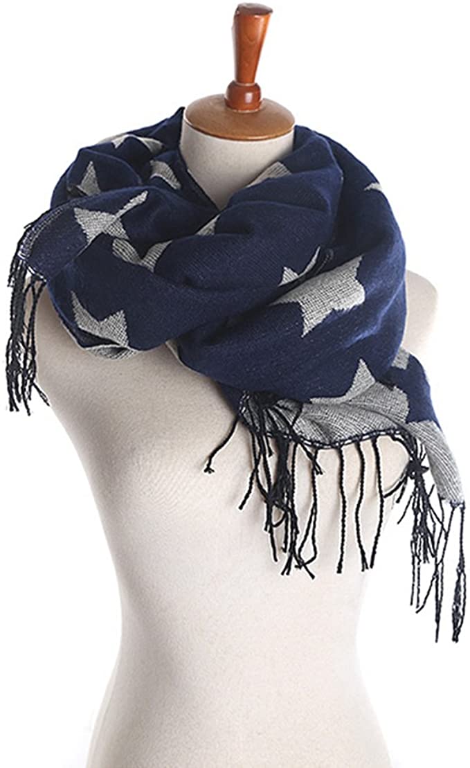 iZoeL Star Scarf Women Shawl Winter Wraps Warm Blanket with Tassel Idea for Ladies Girls Navy Blue