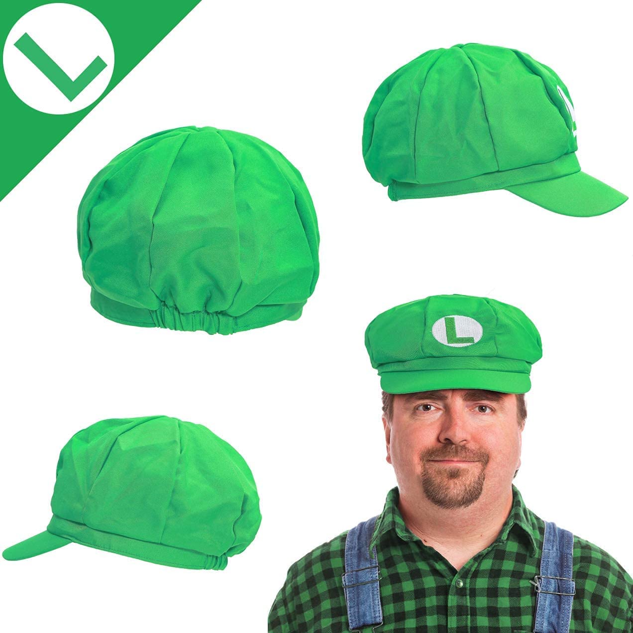 iZoeL Super Luigi Hat Kit incl. Luigi Green Hat + 2x white gloves + 7x mustache + 2x 5cm buttons for Luigi Party Character Games Carnival Decoration Adult Man Women Boy Girl kid
