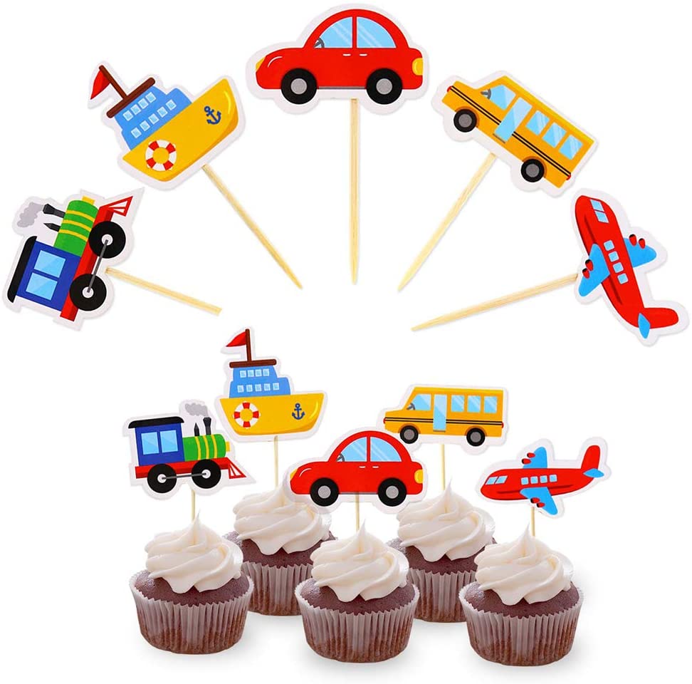 iZoeL Birthday Decoration for boys Happy Birthday Banner Cars School Bus Train Fire Truck Motorcycle Plane Balloons Transport Vehicles Cake Topper Kids 1st 2nd 3rd 4th