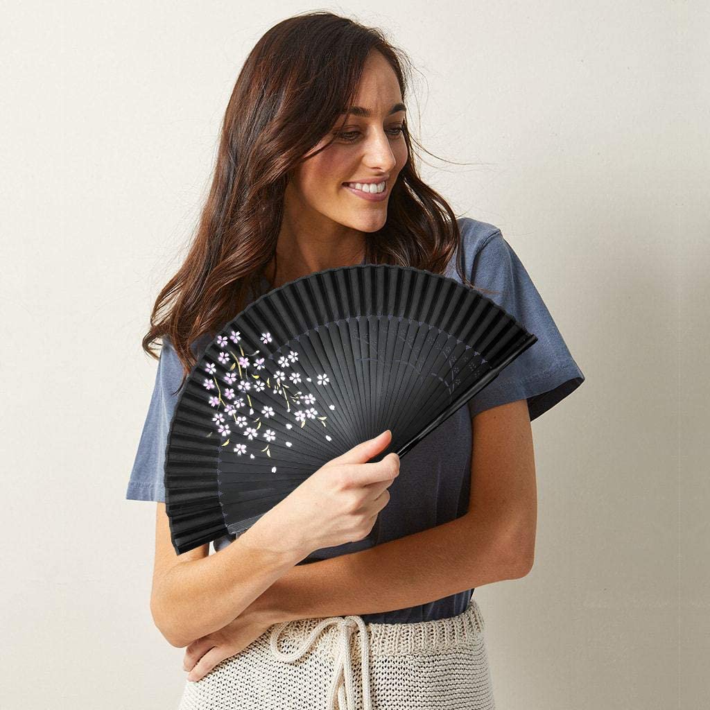 iZoeL Hand Bamboo Fan Handheld Folding Portable Fans, Black Fabric Cherry Fan with High-end Gift Bag, Hand Held Pocket Chinese Fan Idea Wedding Birthday Gift for Man Women