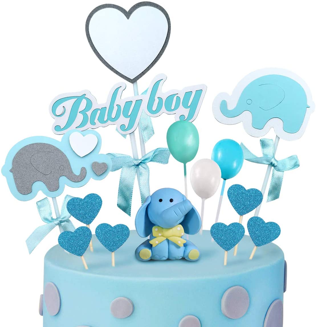 iZoeL Baby Shower Cake Topper Elephant Cake Decor, 1 Blue Elephant, 2 Elephant Cake Toppers,1 Baby Boy Banner, 11 Shine Hearts, 3 Balloons for Boys kids Shower Baby Cake Decoration