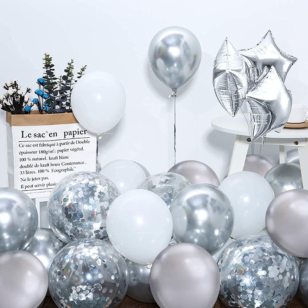 iZoeL Silver Birthday Party Decoration Silver Balloon Arch Garland Kit Latex Confetti Balloons Foil Star Balloon Tape Strips Tie Tools Flower Clips Kid Girl Woman (Silver)