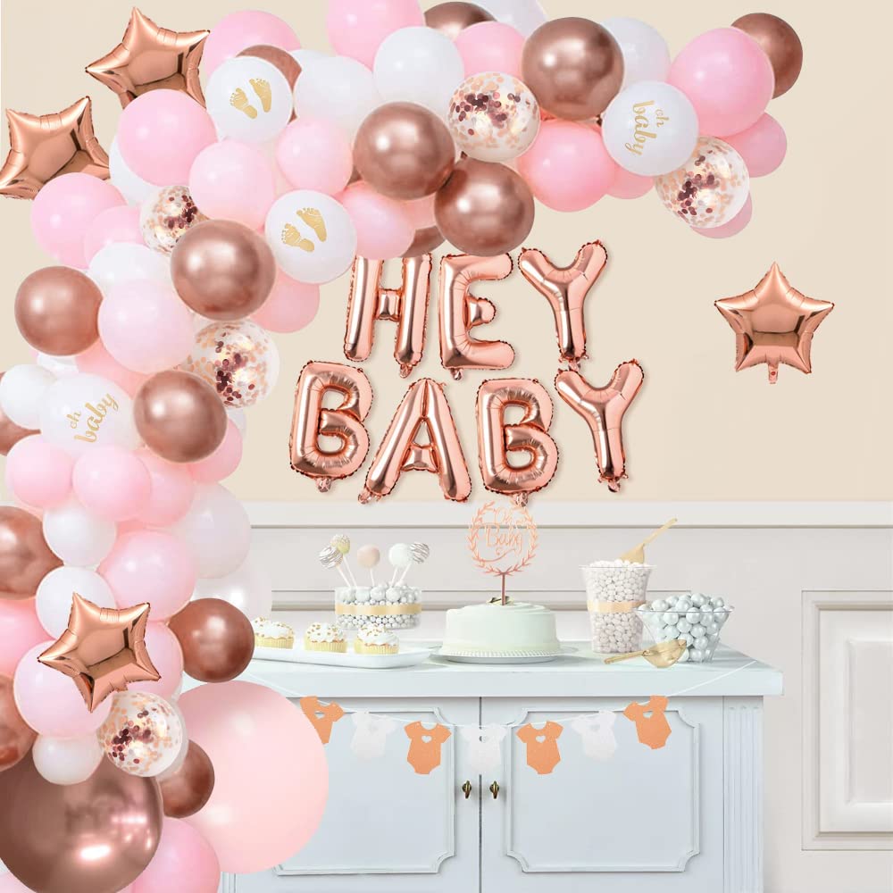 iZoeL Baby Shower Decorations Girl Rose Gold Baby Shower Decoration Neutral Balloon Arch Kit, Hey Baby Banner Mummy to Be Sash Elephant Balloons Gender Reveal Balloons Cake Topper