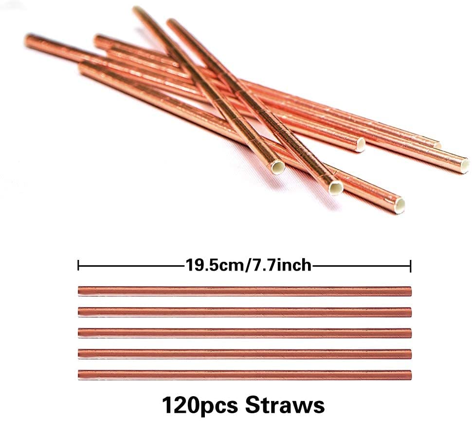 iZoeL 120pcs Rose Gold Paper Cups Rose Gold Straws Drinking, including 60pcs Party Cups 60pcs Party Straws for Birthday Wedding Hen Party Decoration - 60 Guests Party Tableware Set