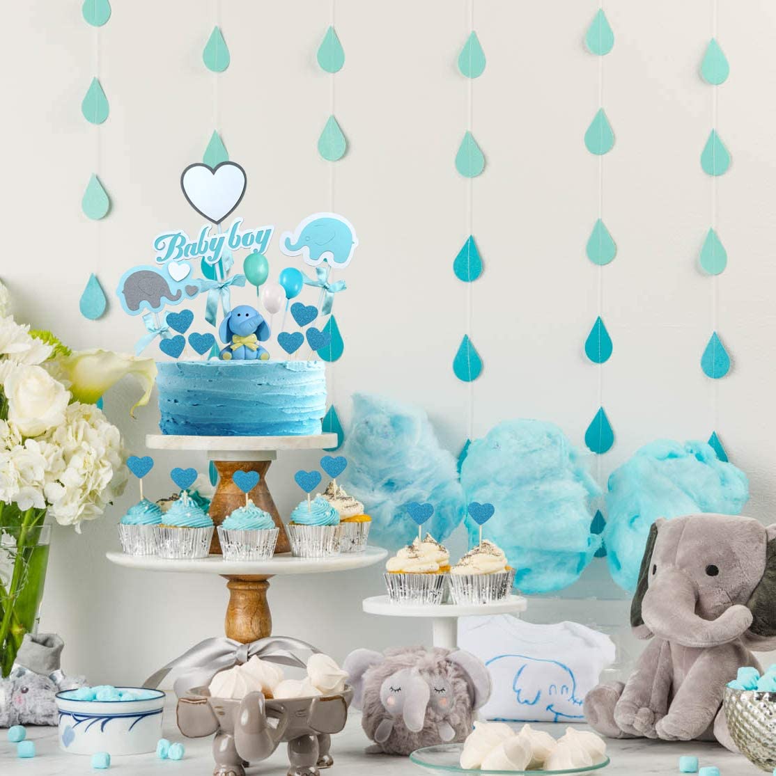 iZoeL Baby Shower Cake Topper Elephant Cake Decor, 1 Blue Elephant, 2 Elephant Cake Toppers,1 Baby Boy Banner, 11 Shine Hearts, 3 Balloons for Boys kids Shower Baby Cake Decoration