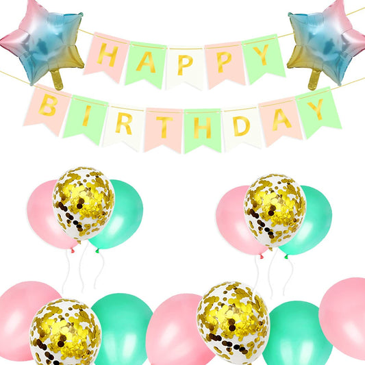 iZoeL Birthday Decoration for Girls, Happy Birthday Banner, Confetti Balloons, Big Star Balloons, for Women Her Birthday Party Supplies Baby Shower