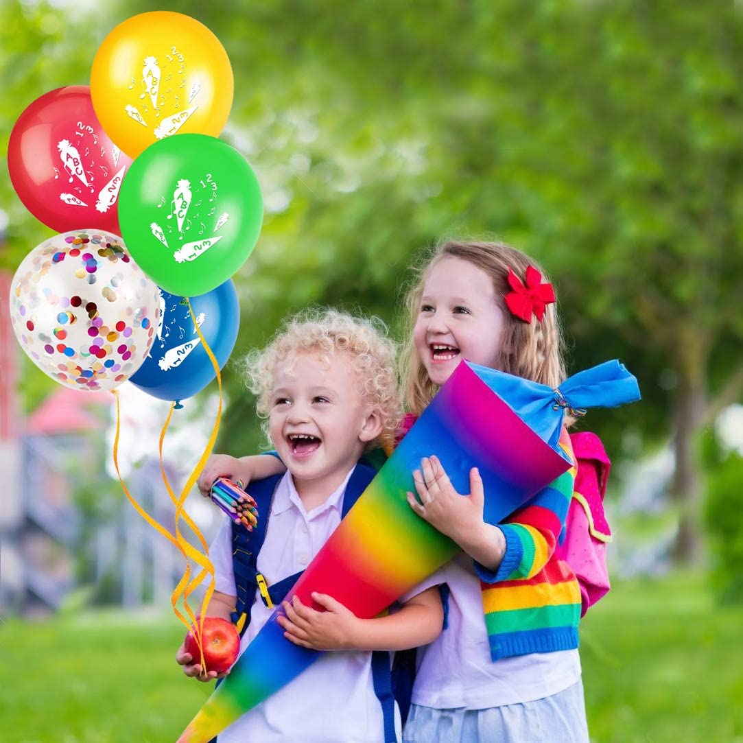 iZoeL Schuleinführung Schulanfang Einschulung Deko Alles Gute Zum Schulanfang Girlande + Schultüte Banner + 15 Luftballon + 123 ABC Konfetti für Junge Mädchen