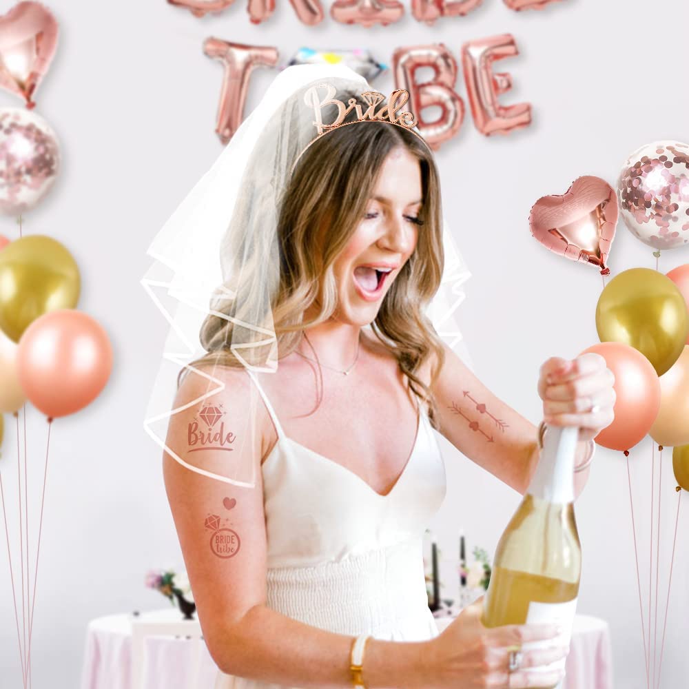 iZoeL Hen Party Decoration, Hen Party Accessories,23 Hen Party Photobooth Props, Rose Gold Bride To Be Banner, Bride To Be Veil, Bride Headband Tiara, Tattoos Team Bride Hen Do Balloons