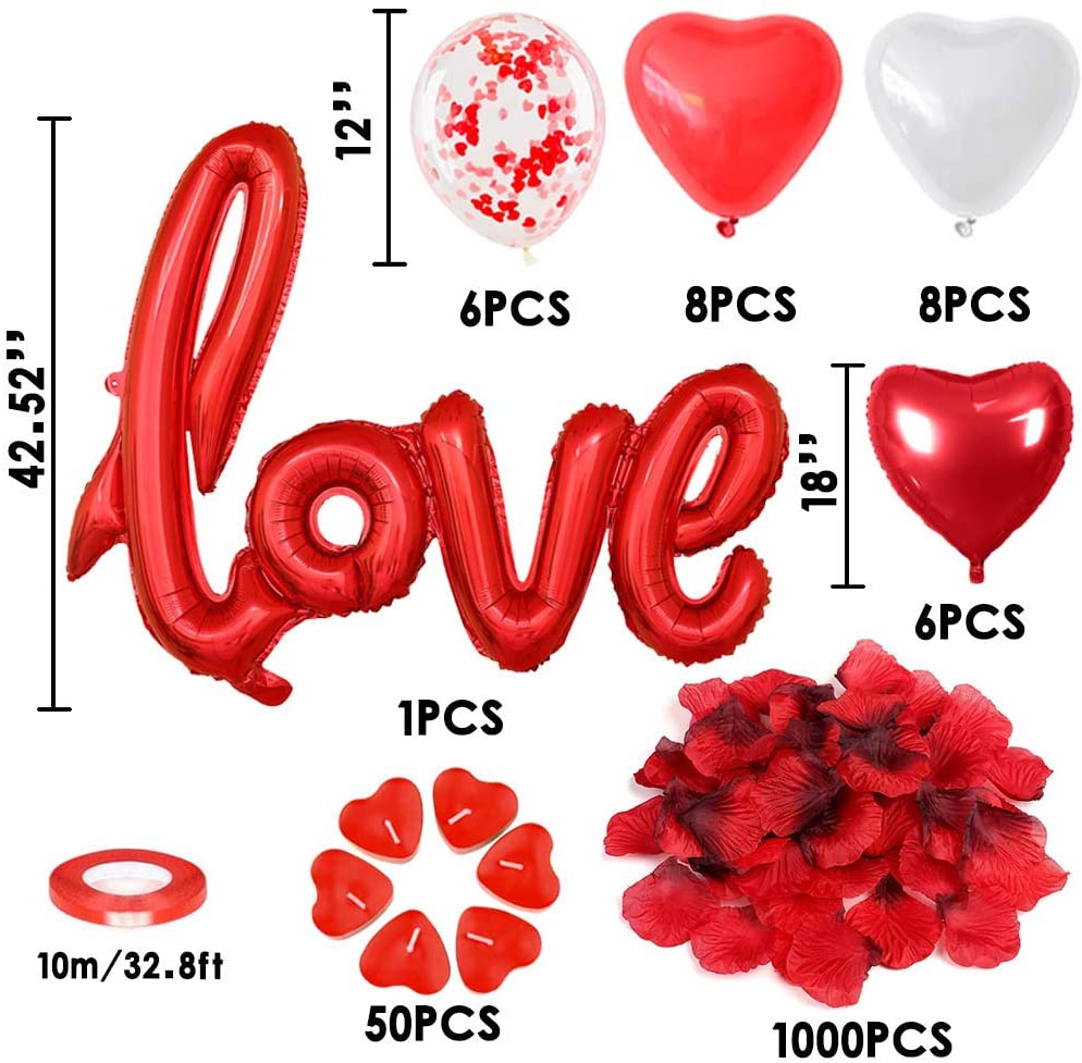 iZoeL Valentines Day Balloons Decorations XXL LOVE Letter Balloon 50pcs Heart Candles 1000pcs Rose Petals Red White Heart Confetti Balloons for Wedding Anniversary Engagement Party Newly Weds