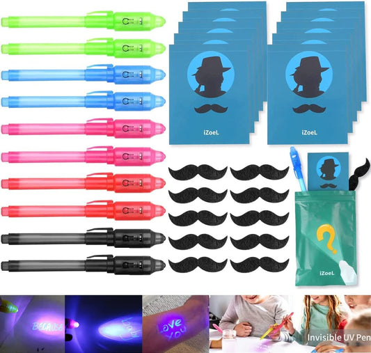 iZoeL 10 Invisible Ink Pen Secret Pen 10 Notebook 10 mustache, Invisible Writing with UV Light, Invisible UV Pens Detective Birthday Pinata Party Bags Filler School Prize -Boys Girls