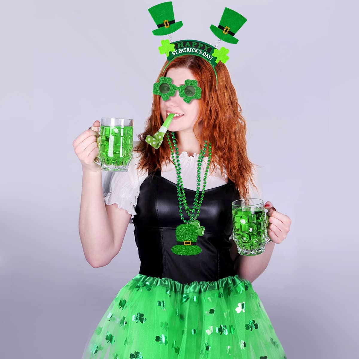 iZoeL St Patricks Day Accessories Women Girls Kids Shamrock Tutu Skirt Headband Glasses Necklaces Gloves for Irish Fancy Dress Leprechaun Costume Outfits