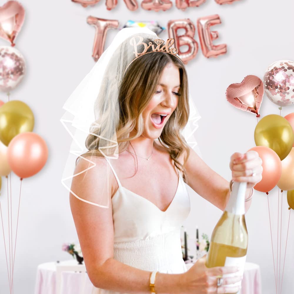 iZoeL Hen Party Decoration, Hen Party Accessories, Rose Gold Bride To Be Banner, Bride To Be Veil, Bride Headband Tiara, Hen Party Photo Booth Props, Tattoos Team Bride, Confetti Balloons - Hen Do
