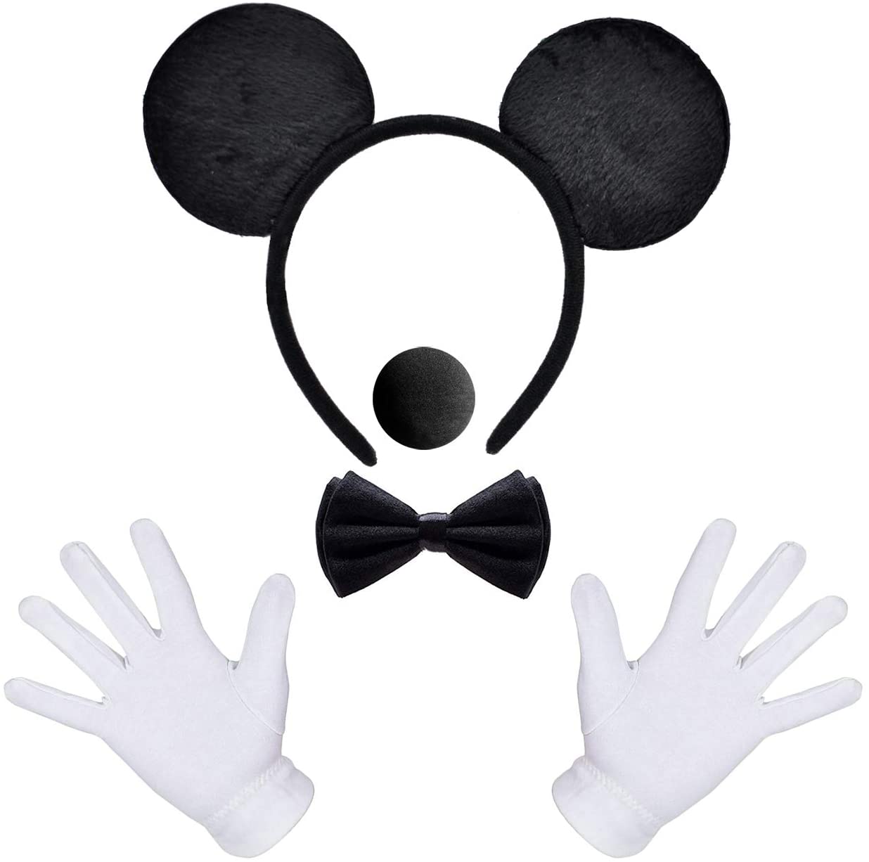 iZoeL Mouse Ear Headband White Gloves Black Nose Bow Tie for Carnival Accessory Birthday Fancy Dress Party Bag Favors Cartoon Character Cosplay Adult Kid (Black)