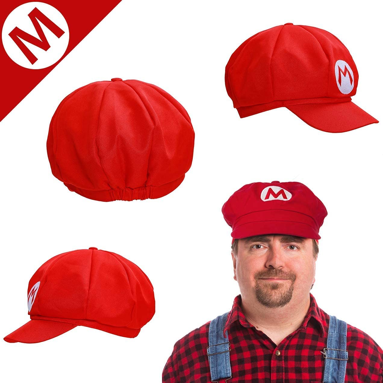 iZoeL Super Mario Costume Kit incl. Mario Red Hat + 2x white gloves + 7x mustache + 2x 5cm buttons for Mario Party Character Games Carnival Costume Decoration Adult Man Women Boy Girl kid