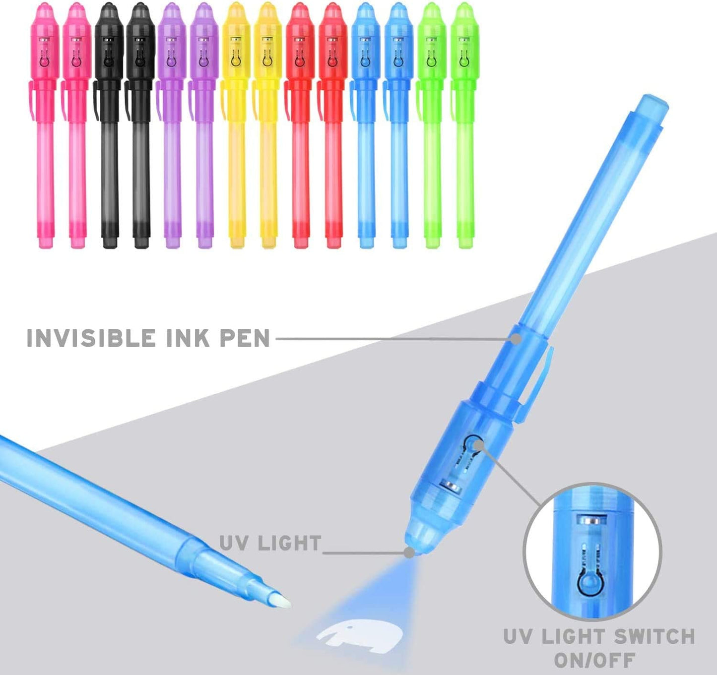 iZoeL 14 secret pen with UV light, invisible writing, Spy Invisible UV Pens detective birthday party accessory Party Bags Filler for Boy Kid Girl Children