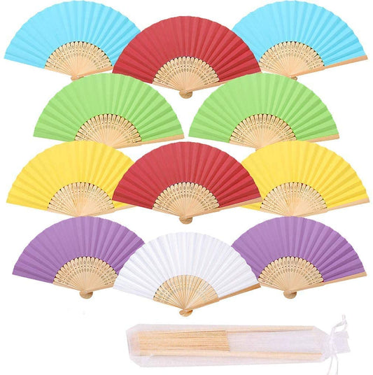 iZoeL 12 Wedding Fan + Organza Bags, Folding Hand Held fan Bamboo paper for Church Wedding Gift, Wall Decoration, Party Favor, DIY Wall, Vintage Fan (multicoloured)