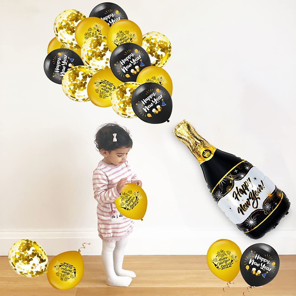 iZoeL Happy New Year Decorations 2022 XXL, Black Gold Happy New Year Banner, 32'' 2022 Numbers, Bottle Champagne Balloons, 2022 Confettis
