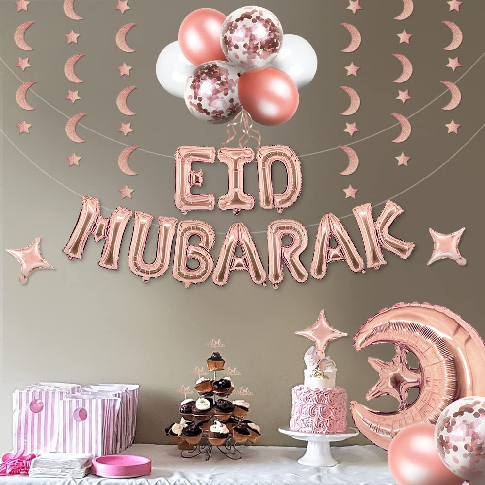 iZoeL EID Mubarak Decorations for Home Eid Decorations UK, Eid Mubarak Balloons Mubarak Banner Eid Cake Topper Moon Star Garland Eid Balloons for Home Restaurant Garden - Rose Gold