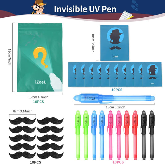 iZoeL 10 Invisible Ink Pen Secret Pen 10 Notebook 10 mustache, Invisible Writing with UV Light, Invisible UV Pens Detective Birthday Pinata Party Bags Filler School Prize -Boys Girls