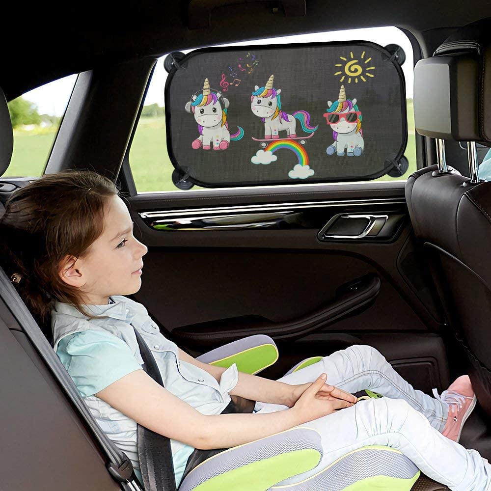 iZoeL Sonnenschutz Auto Baby mit UV Schutz, 2 Pack Sonnenblende Kinder mit 8 Saugnapf, Schatten Autofenster Seitenscheibe Motiv Tiere (Einhorn)