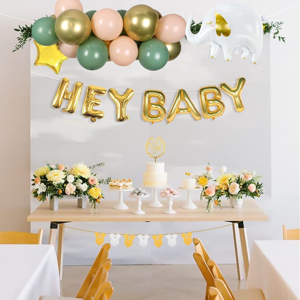 iZoeL Sage Green Baby Shower Decorations Boy Girl Gold Apricot Baby Shower Decoration Neutral Balloon Arch Kit, Hey Baby Banner Mummy to Be Sash Elephant Balloons Surprise Gender Reveal