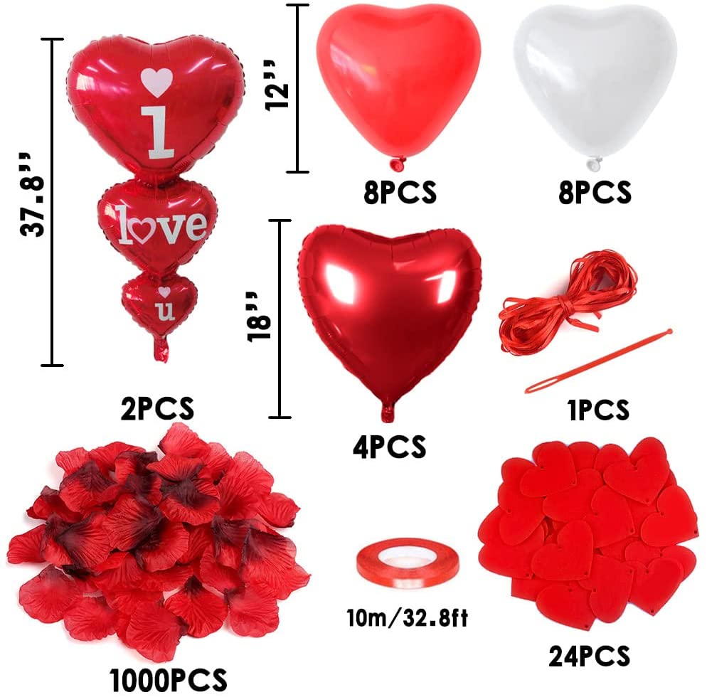 iZoeL Romantic Decorations - 2pcs I Love You balloons Heart Balloon, Red Hearts Garland, 1000pcs Rose Petals Heart for Wedding Anniversary Engagement Party Decorations