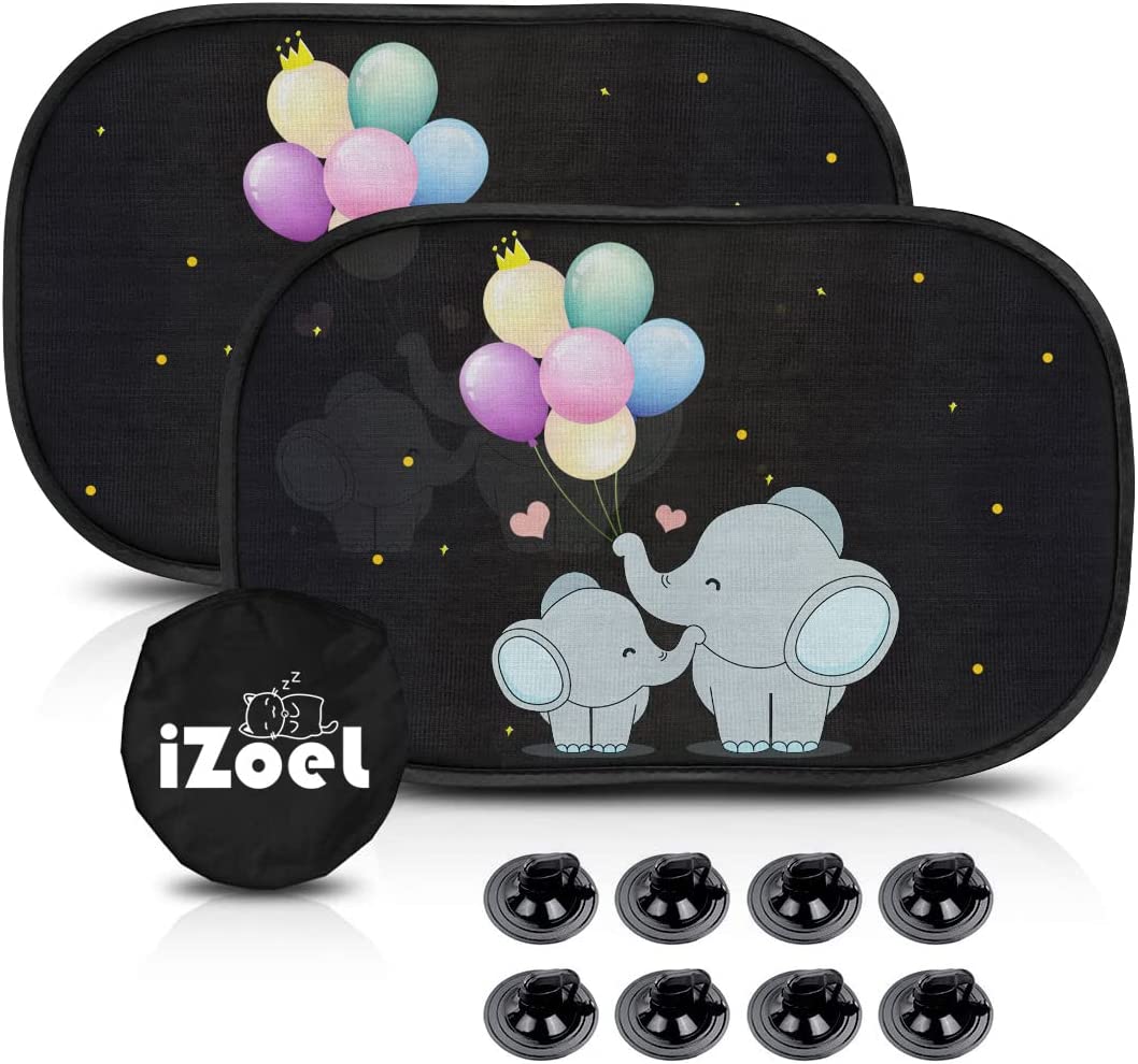 iZoeL Baby Sun Shade with UV Protection, Pack of 2 Sun Visors for Children with 8 Suction Cups, Shade Car Window Side Window Motif Animals (Elephant)
