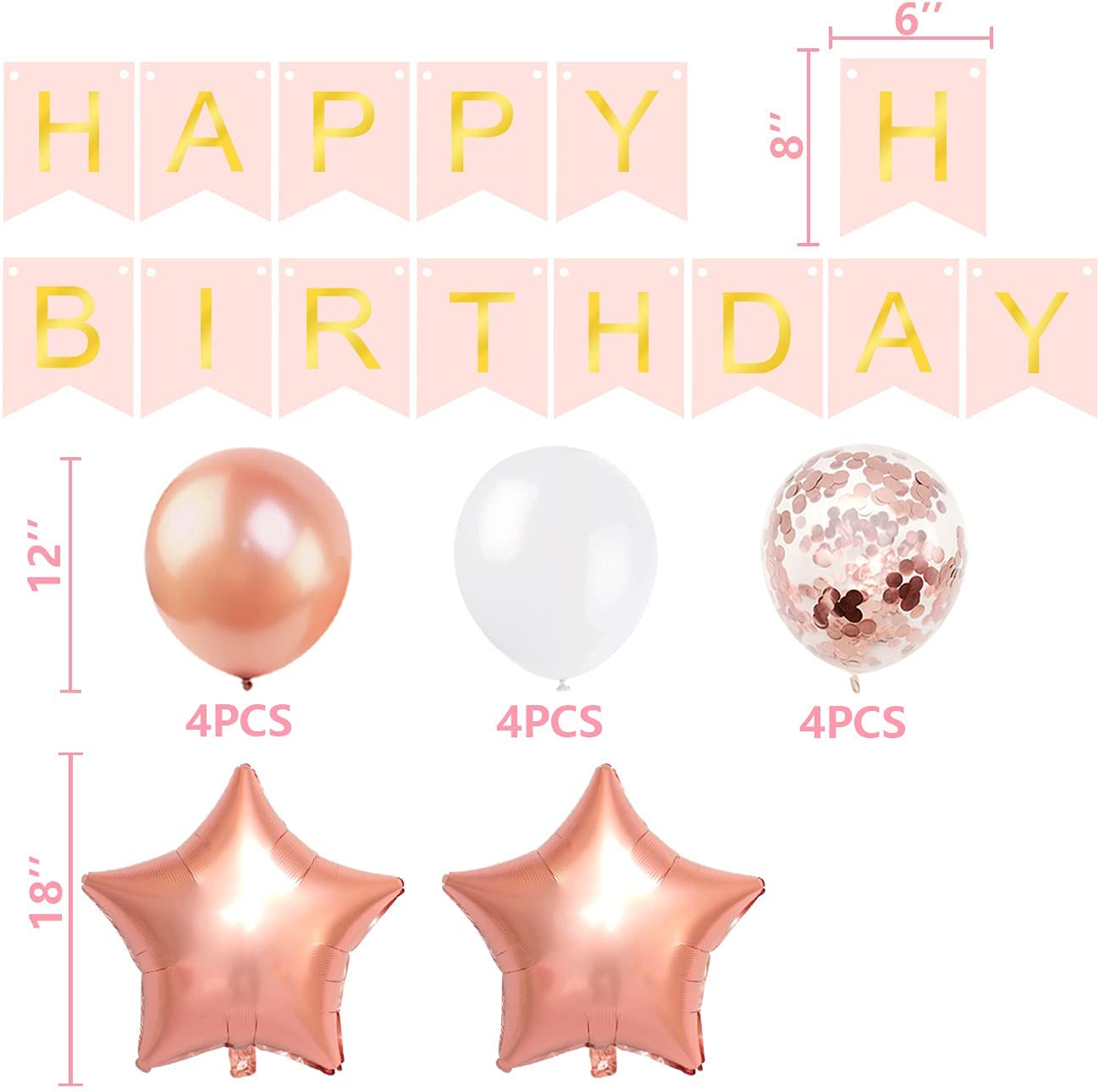 iZoeL Rose Gold Birthday Decoration for Her, Happy Birthday Banner, Confetti Balloons, Big Star Balloons, for Girls Women Birthday Party Supplies Baby Shower