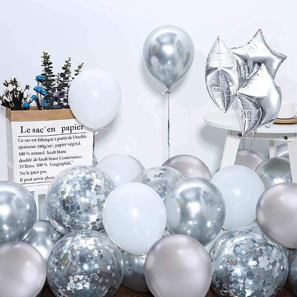 iZoeL Silver Birthday Party Decoration Silver Balloon Arch Garland Kit 113pcs Happy Birthday Banner Latex Confetti Foil Balloon Tape Strips Tie Tools Flower Clips Kid Boy Girl Man Woman