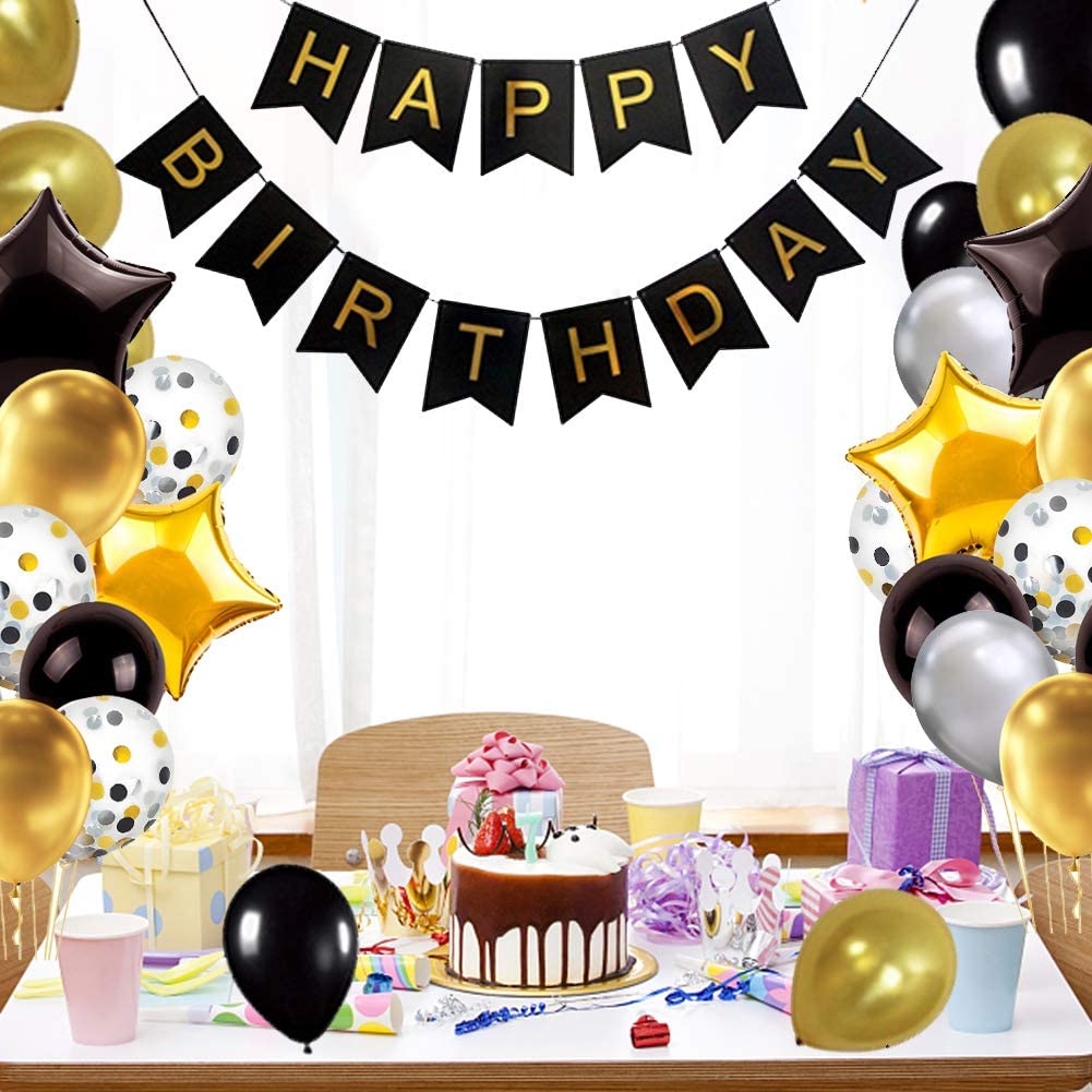 iZoeL Black Gold Silver Party Decorations incl. Birthday Banner 6 star foil balloon 30 latex balloons 10 confetti balloons Happy Birthday star Confetti