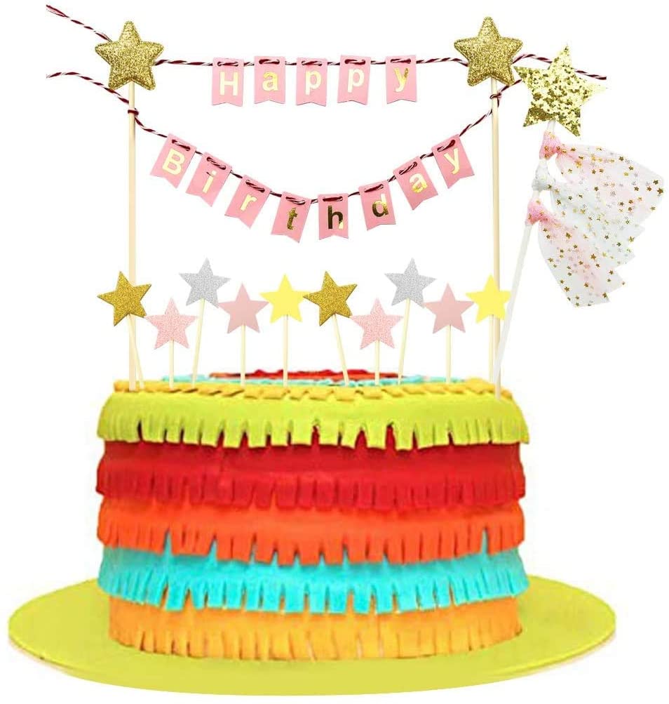 iZoeL Rainbow Cake Decorations, Happy Birthday Cake Topper Bunting Banner, Rainbow Moon Gold Star Cupcake Topper for Boy Girl Kid Birthday Baby Shower Party Decoration (Pink)