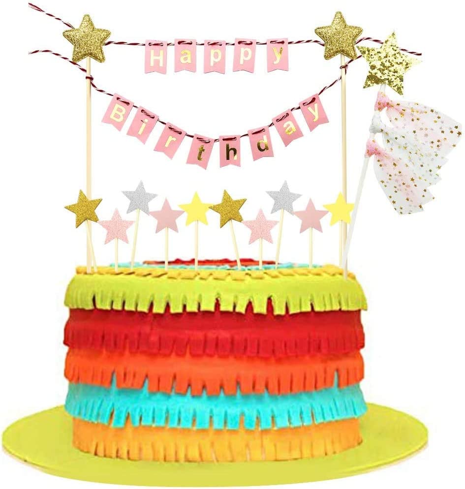 iZoeL Rainbow Cake Decorations, Happy Birthday Cake Topper Bunting Banner, Rainbow Moon Gold Star Cupcake Topper for Boy Girl Kid Birthday Baby Shower Party Decoration (Pink)