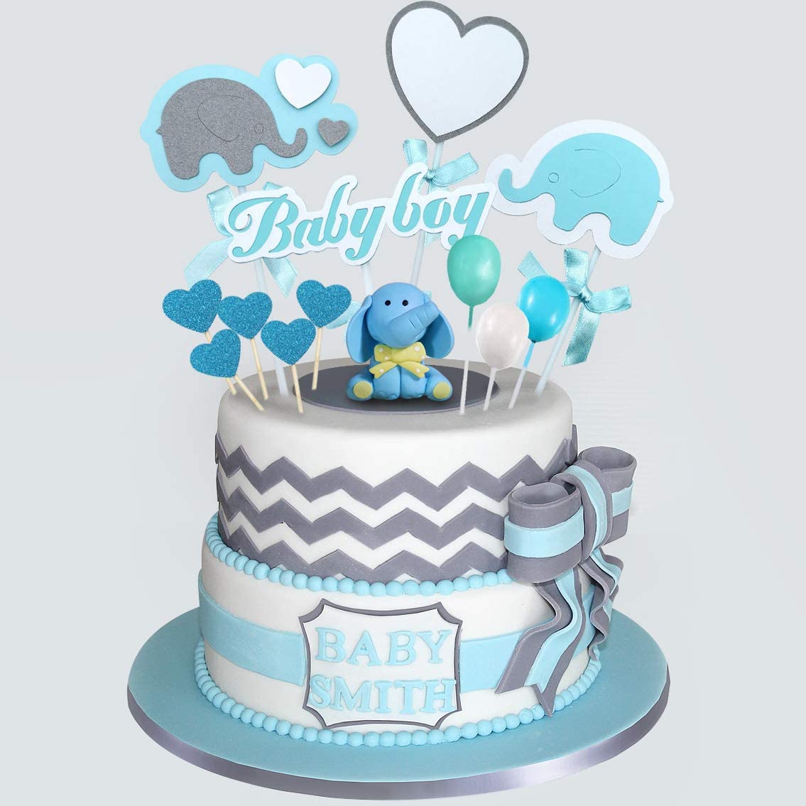 iZoeL Baby Shower Cake Topper Elephant Cake Decor, 1 Blue Elephant, 2 Elephant Cake Toppers,1 Baby Boy Banner, 11 Shine Hearts, 3 Balloons for Boys kids Shower Baby Cake Decoration