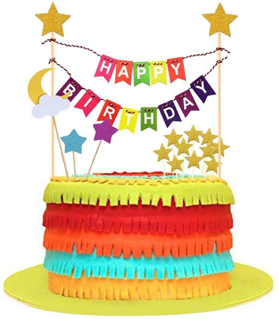 iZoeL Rainbow Cake Decorations, Happy Birthday Cake Topper Bunting Banner, Rainbow Moon Gold Star Cupcake Topper for Boy Girl Kid Birthday Baby Shower Party Decoration (multicoloured)