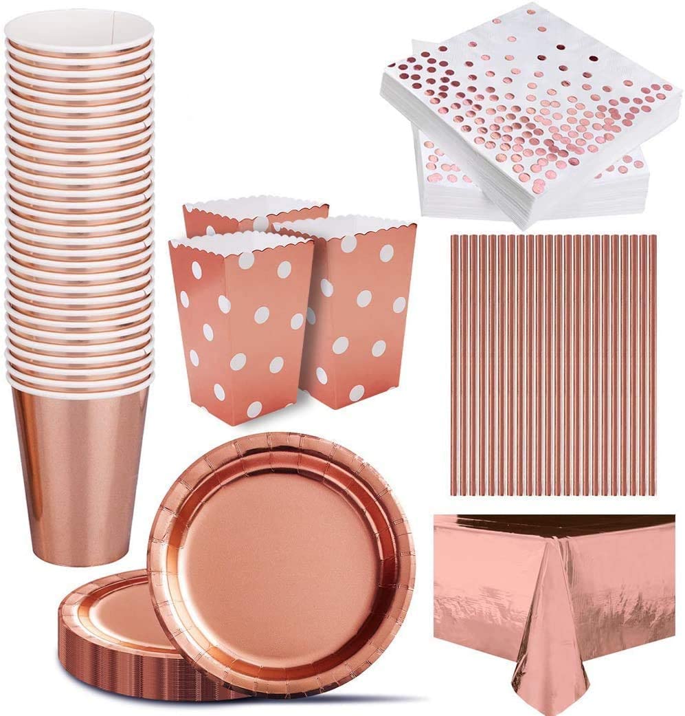 iZoeL 30 Guests Rose Gold Party Tableware Rose Gold Dinnerware Foil Tablecloth Paper Plates Napkins Popcorn Boxes Cups Straws Party Supplies for Birthday Bridal Wedding Anniversary