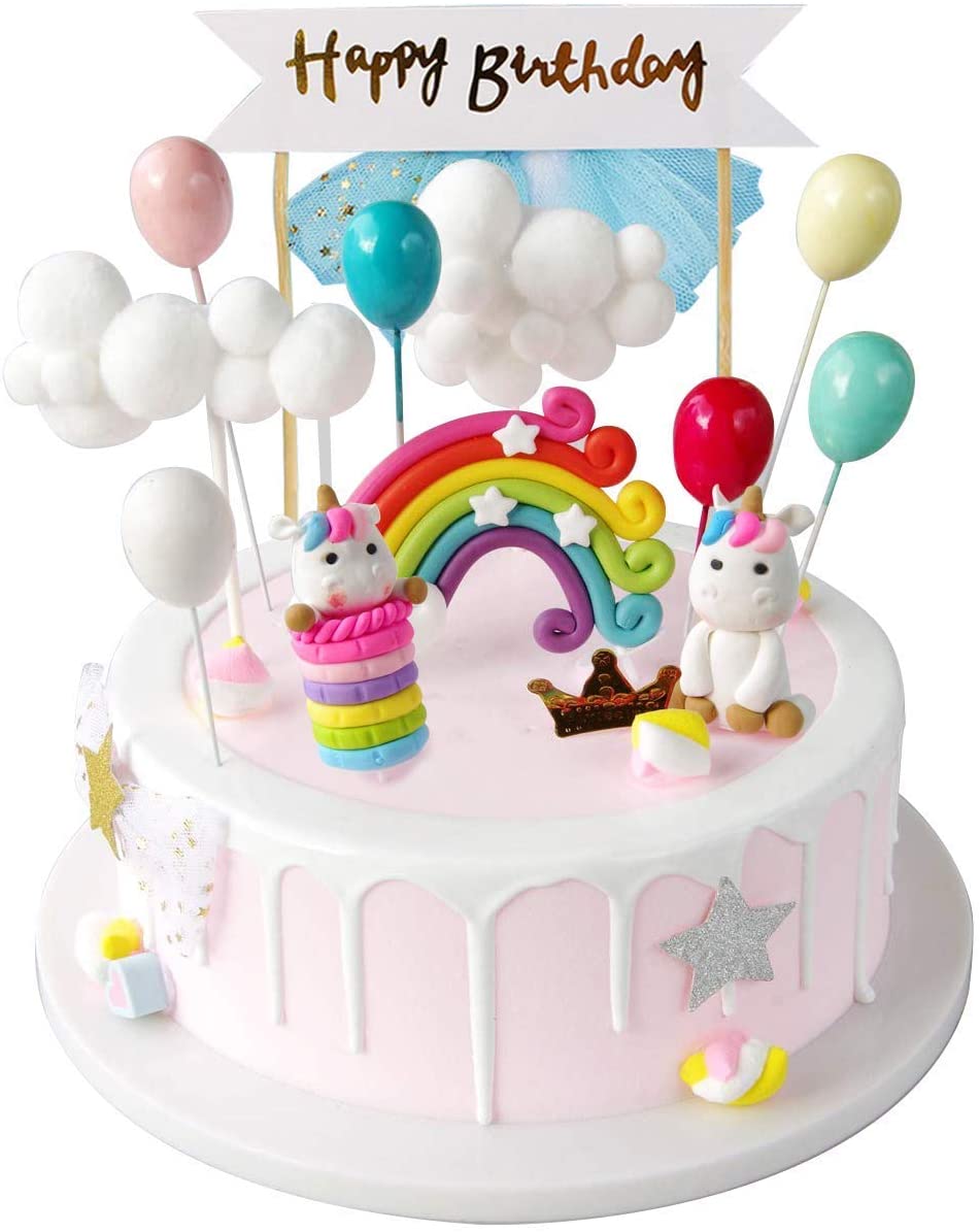 iZoeL Unicorn Cake Topper Kit Cloud Rainbow Balloon Happy Birthday Banner Cake Decoration For Boys Girls Kids Birthday