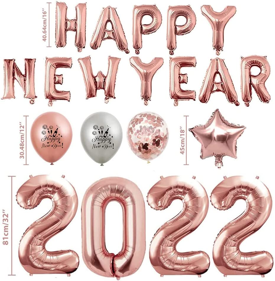 iZoeL XXL New Years Eve Party Decorations 2022, XXL Rose Gold Happy New Year Decorations, Happy New Year Banner, XXL 2022 Balloons, Latex Confetti Star Balloons - New Years Balloons