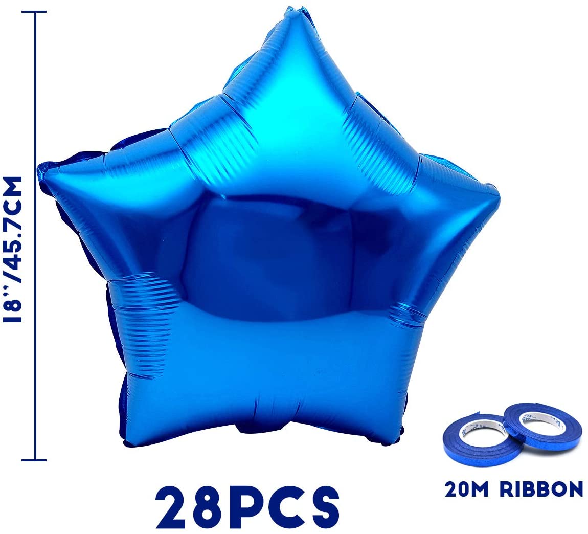 iZoeL Blue Birthday Party Decoration, 28pcs Blue Foil Star Balloon 16inch Plus 20m Balloon Ribbons Aluminum Balloon for Baby Shower Wedding Birthday Party Celebration Kid Boy Girl Man Woman