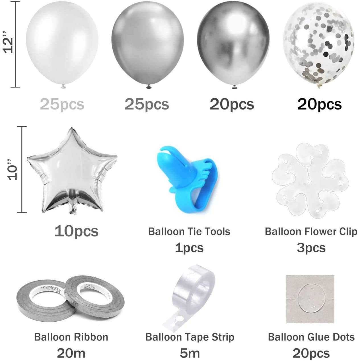 iZoeL Silver Birthday Party Decoration Silver Balloon Arch Garland Kit Latex Confetti Balloons Foil Star Balloon Tape Strips Tie Tools Flower Clips Kid Girl Woman (Silver)