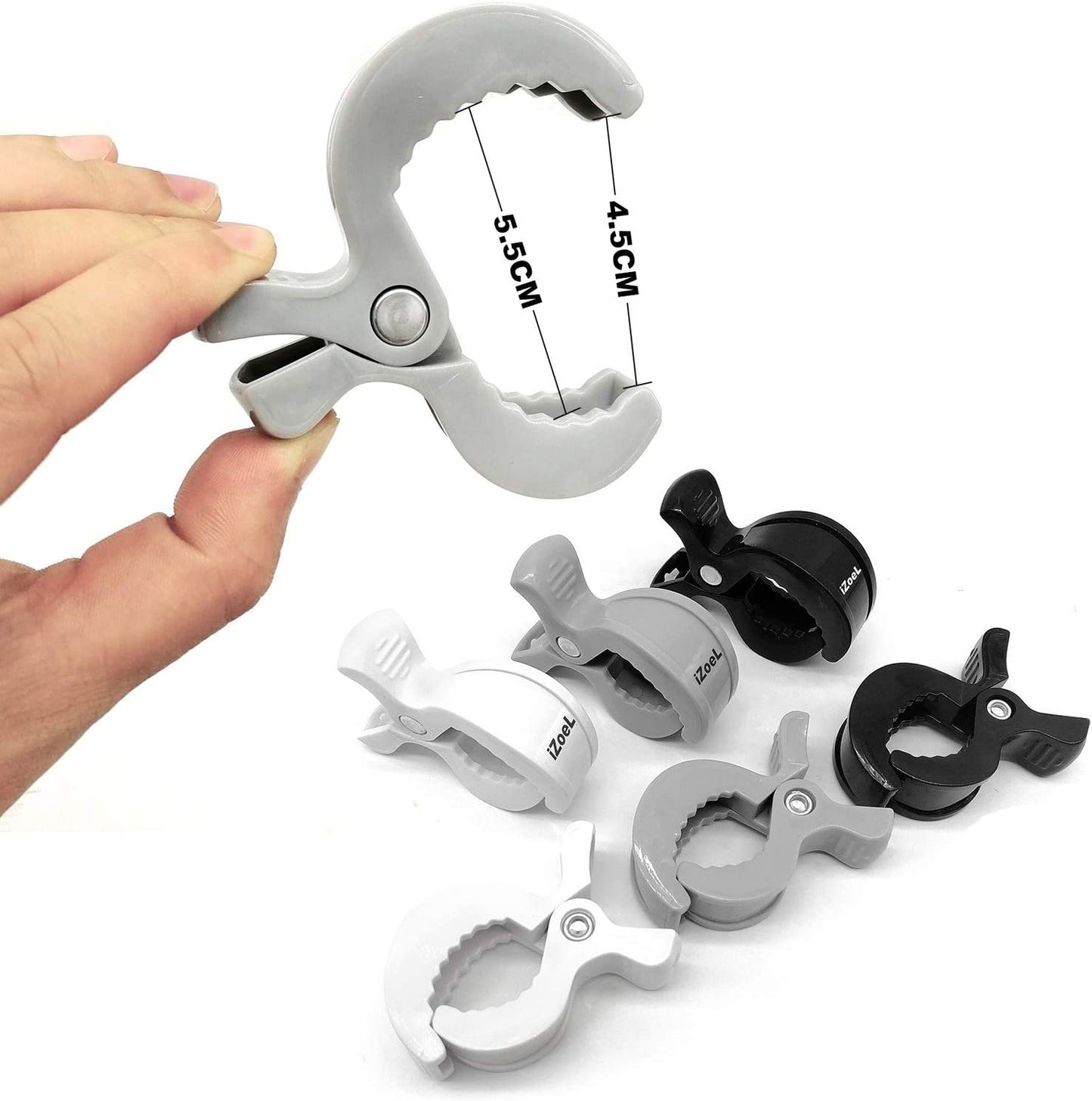 iZoeL Stroller Hooks & Buggy Clip Set 6 Clips Clasps & 2 Hooks Gripper to Hook Muslin Blankets Toys Nursing Cover, Pram Toy Holder, Blanket Clamp (2 black+2 grey+2 white)