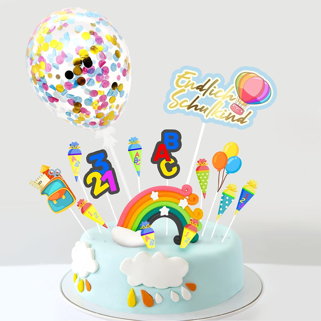 iZoeL Cake Decoration School Child School Cake Decoration Finally School Child Cake Topper Rainbow Confetti Balloon ABC 123 Cupcake Muffin Decoration for Girls Boys (Multicoloured School Child)
