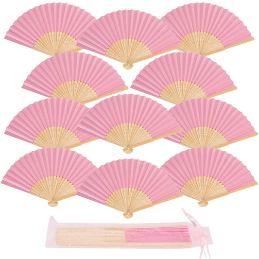 iZoeL 12 Wedding Fan + Organza Bags, Folding Hand Held fan Bamboo paper for Church Wedding Gift, Wall Decoration, Party Favor, DIY Wall, Vintage Fan (Pink)