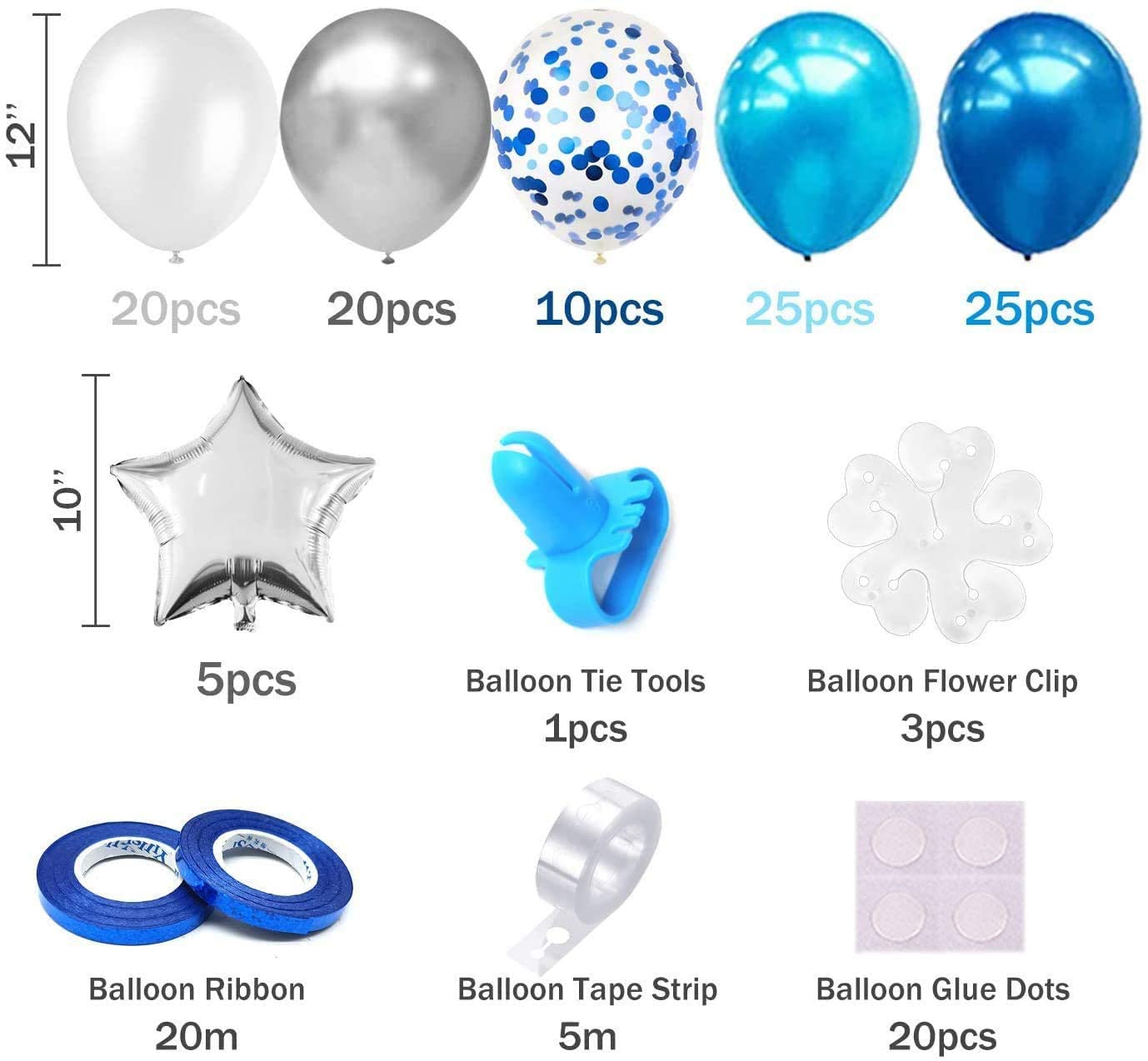 iZoeL Blue Balloon Arch Kit for Boys Girls Men Women -Baby Shower Birthday Party Decorations Supplies - with Tape Strips Tie Tools Flower Clips Star Confetti Balloons Garland