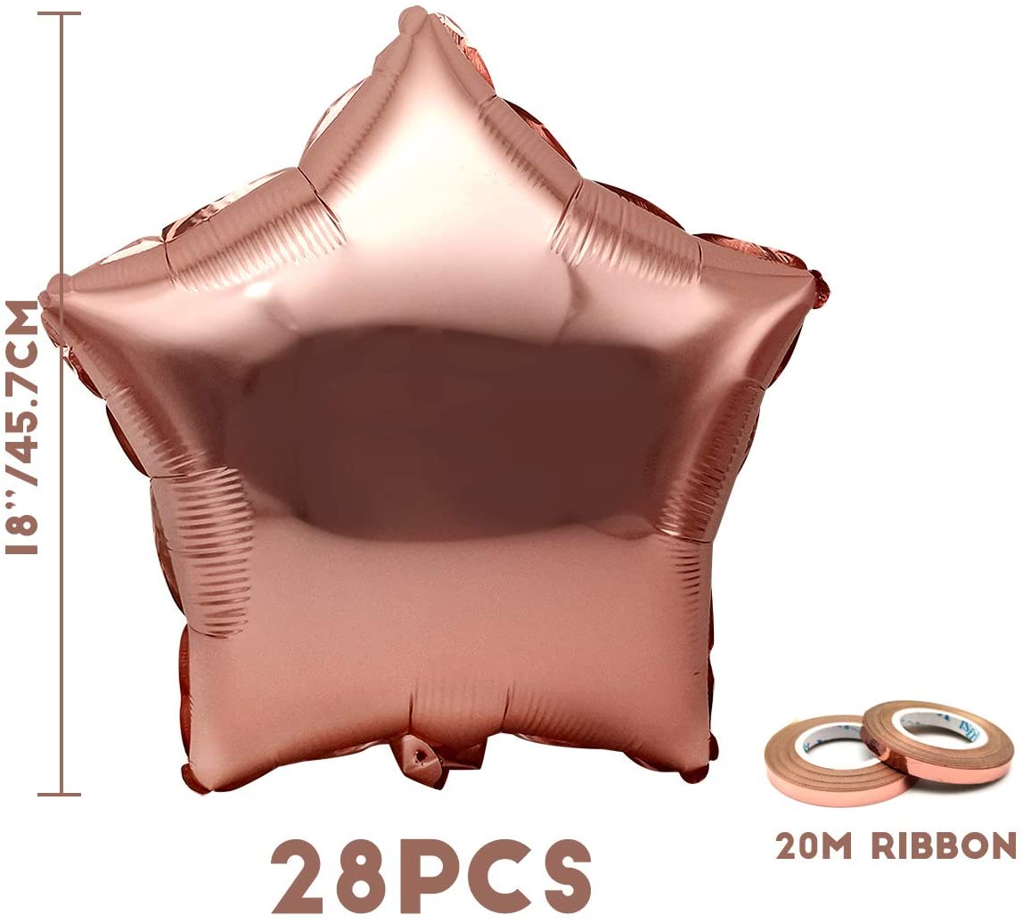 iZoeL Rose Gold Birthday Party Decoration, 28pcs Rose Gold Foil Star Balloon 16inch Plus 20m Ribbons Aluminum Balloon for Baby Shower Wedding Birthday Party Celebration for Girls Woman