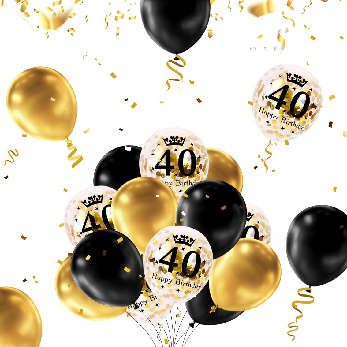 iZoeL 40th Black Gold Birthday Party Decoration, Happy Birthday Banner, Helium Number 40 XXL, 2 Gold Fringe Curtain, Latex Confetti Balloon, Table Confetti for Man Girl Women Anniversary