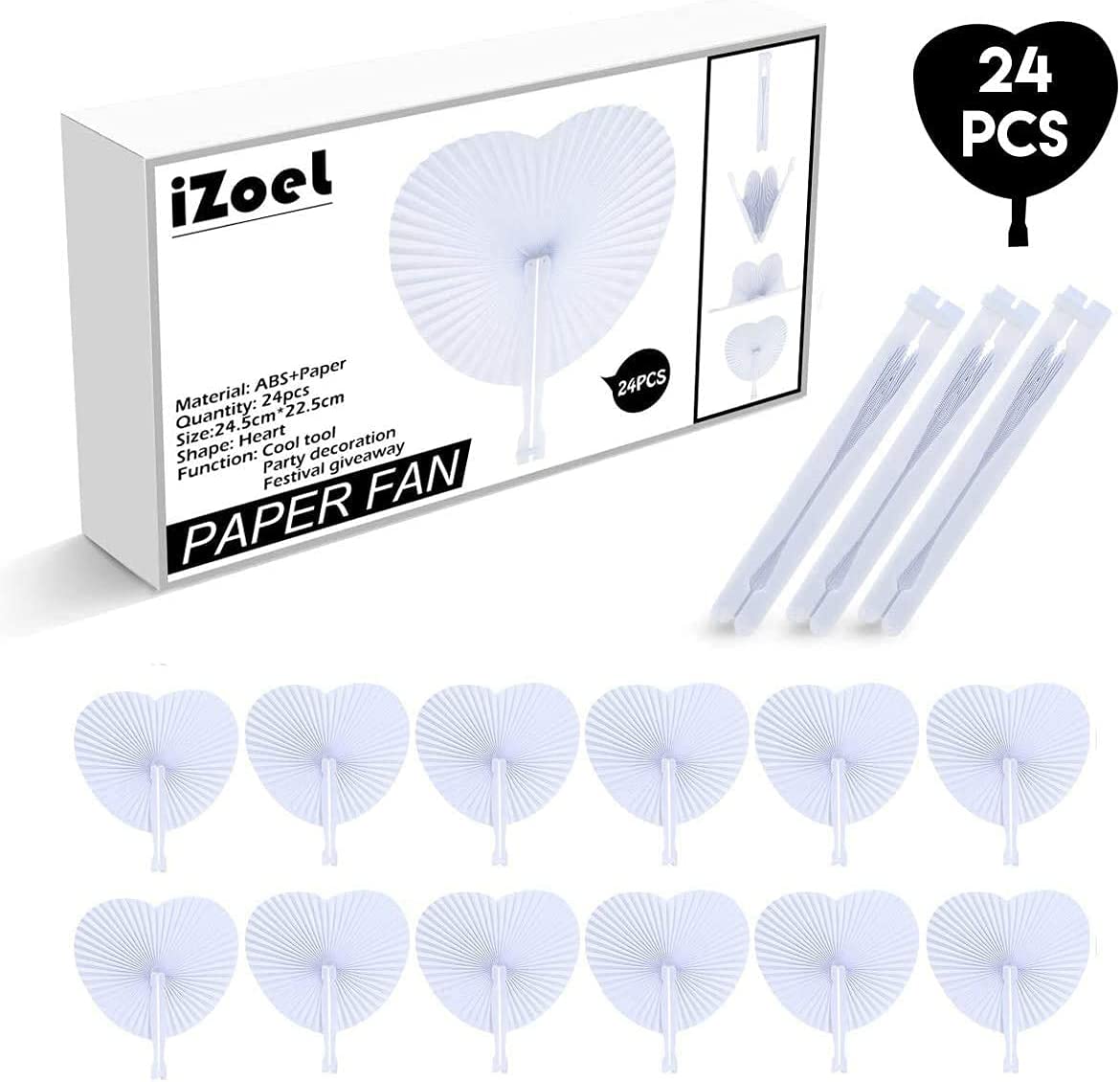 iZoeL Hand Fan Folding for Wedding Decoration Paper Fan Heart Shaped as Church Gift Party Favors Set of 24 (24pcs)