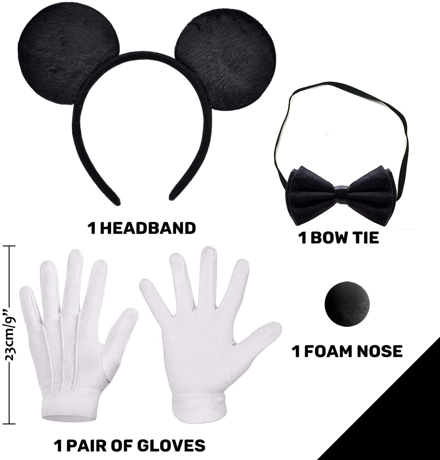 iZoeL Mouse Ear Headband White Gloves Black Nose Bow Tie for Carnival Accessory Birthday Fancy Dress Party Bag Favors Cartoon Character Cosplay Adult Kid (Black)