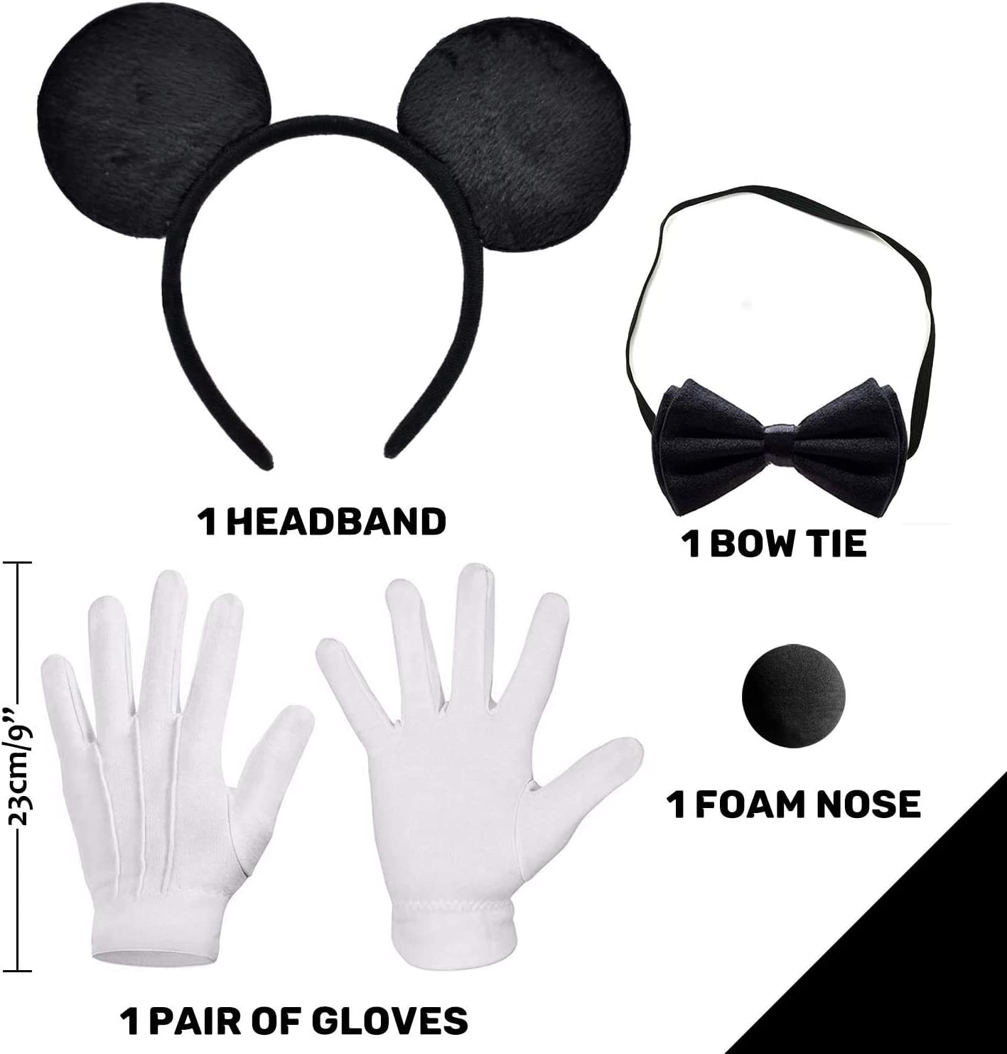 iZoeL Mouse Ear Headband White Gloves Black Nose Bow Tie for Carnival Accessory Birthday Fancy Dress Party Bag Favors Cartoon Character Cosplay Adult Kid (Black)