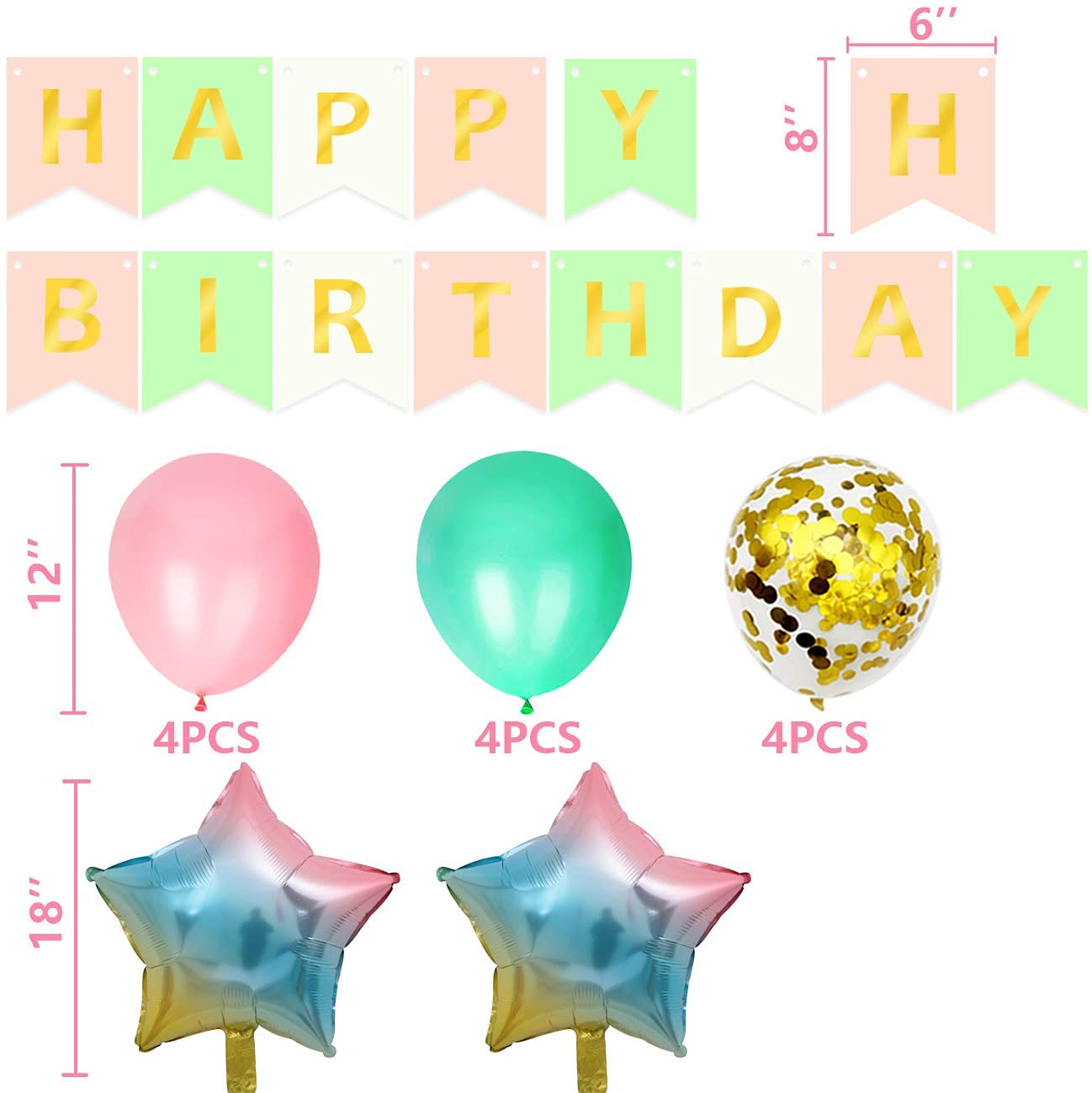 iZoeL Birthday Decoration for Girls, Happy Birthday Banner, Confetti Balloons, Big Star Balloons, for Women Her Birthday Party Supplies Baby Shower