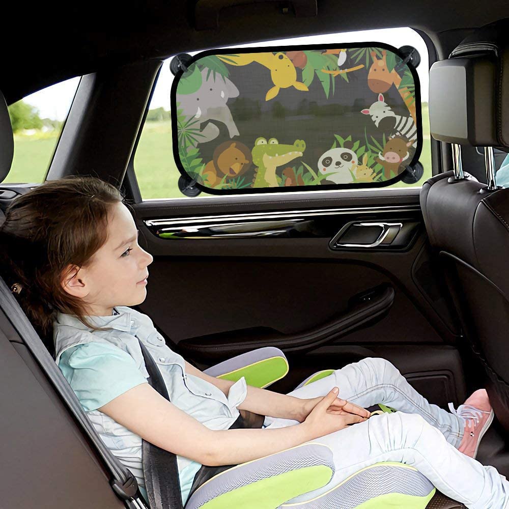 iZoeL Baby Sun Shade with UV Protection, Pack of 2 Sun Visors for Children with 8 Suction Cups, Shade Car Window Side Window Motif Animals (Jungle Animals)